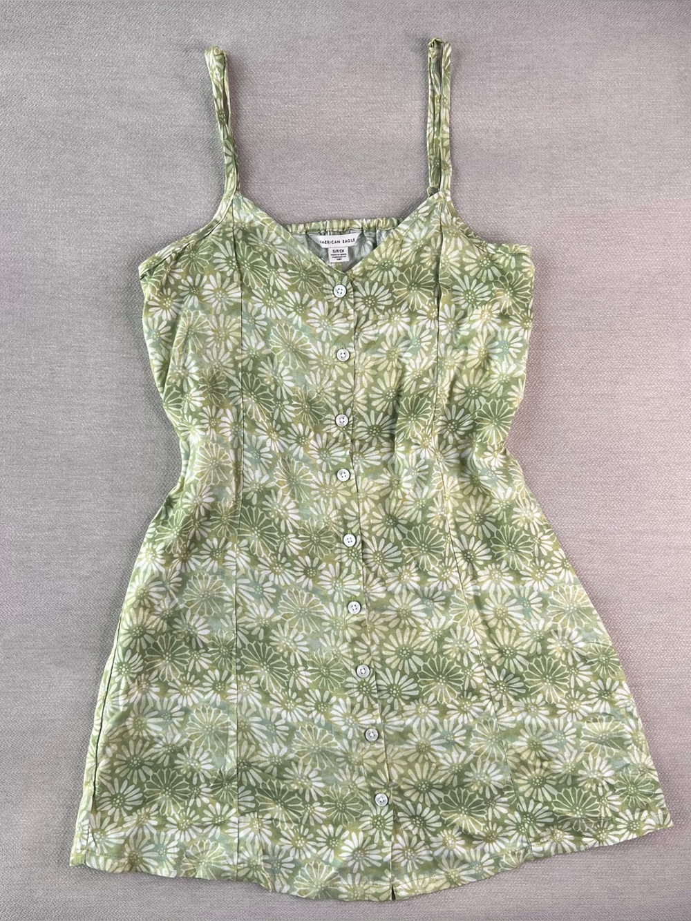 American Eagle Green Floral Button Up Mini Dress Tie Back Boho Hippie Women’s S